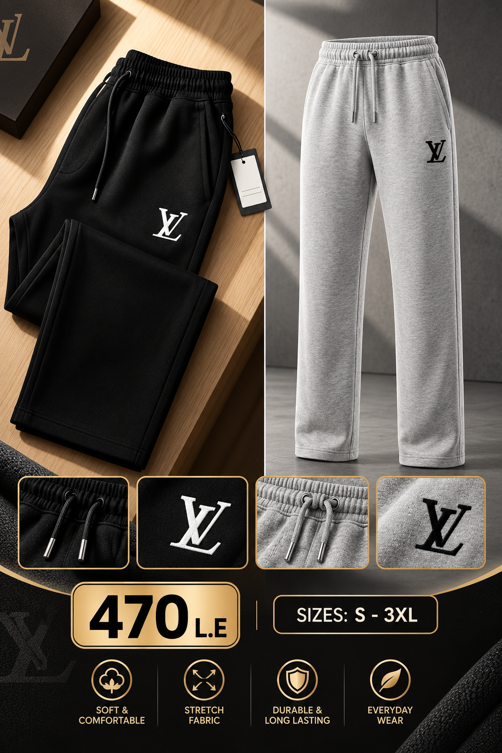 Fleece sweatpants — black & grey (S–3XL)
